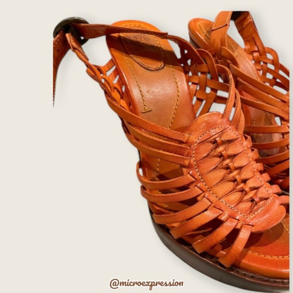 $329 Frye Joy Huarache Cognac Leather Sling Strappy Leather Sandal/Platform Heel - Picture 7 of 12